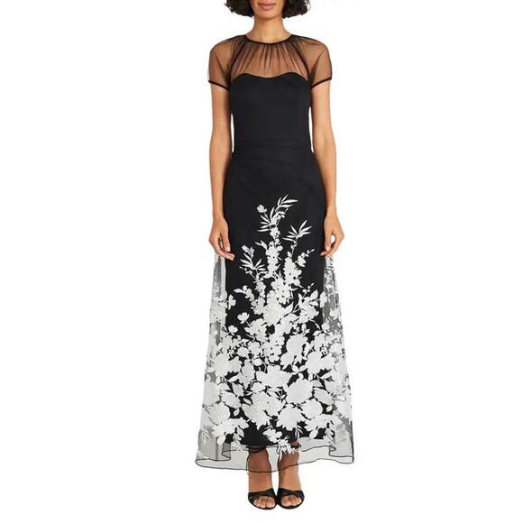 Maggy London Dresses & Skirts - Maggy London Floral Appliqué Mesh Gown Maxi Dress Black Silver Size 6 NWOT